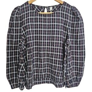 BP‎ Navy Blue Plaid Puffed Long Sleeve Blouse